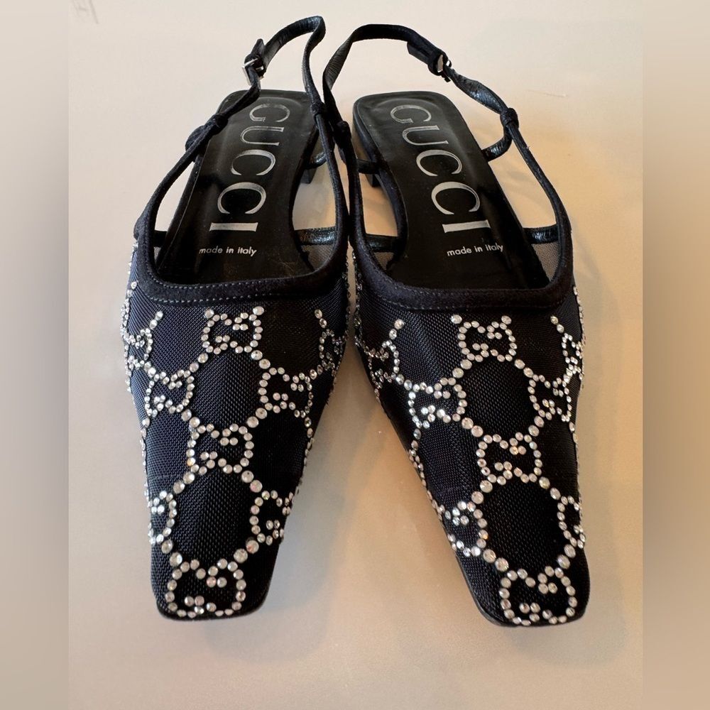 Gucci Crystal-Embellished GG Slingback Flats Black EU 36 US 6 Shoes Authentic - Picture 3 of 7